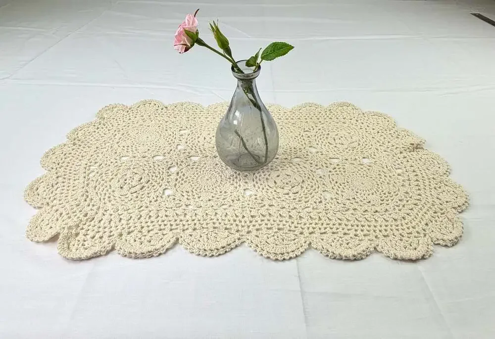 Handmade Cream Crochet Table Runner or Doily with Scalloped Edge